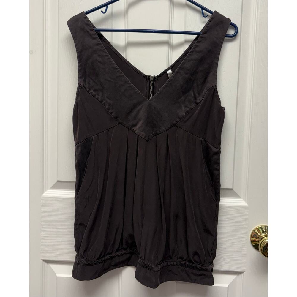 Yaya Aflalo Top Black Silk Tank Zip Blouson V Neck Size M New York Style Boho